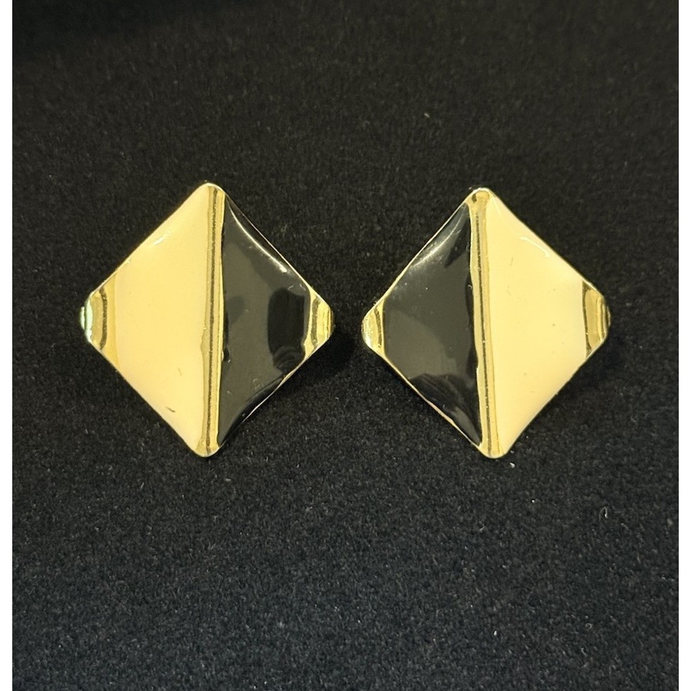 Gold Black & Cream Enamel Diamond-shaped Stud Earrings